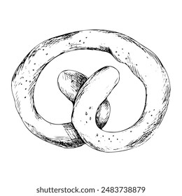 Graphic drawing of a traditional German Pretzel. Hand drawn vector food illustration for cafe design