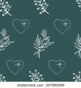 Graphic drawing of twigs and hearts in white on a turquoise background. Seamless pattern.