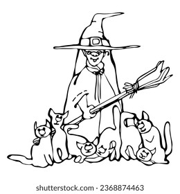 Graphic drawing of a witch with a broom and cats. Template, illustration for Halloween. A witch in a hat and glasses with her tongue hanging out. Sketch. A fantastic fairy-tale sorceress for Halloween
