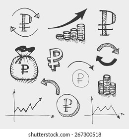 graphic drawn icons for use in presentations, websites, and pie charts on the world currency market, the depreciation of the ruble