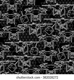 Graphic drones drawn in line art style is.  Vector seamless pattern. Modern aircraft technologies. Coloring book page design