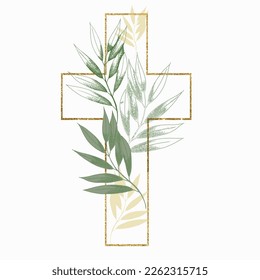 Graphic Easter Cross Clipart, Spring Floral Arrangements, Baptism Crosses DIY Invitation, Vector Eucaliptus Greenery wedding clipart, Golden frame and foliage, Holy Spirit, Religious