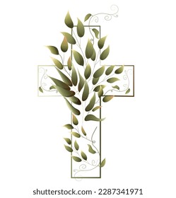 Graphic Easter Cross Clipart, Spring Floral Arrangements, Baptism Crosses DIY Invitation, Vector Eucaliptus Greenery wedding clipart, Golden frame and foliage, Holy Spirit, Religious