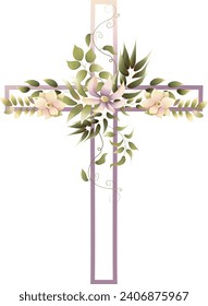 Cruce de Pascua Gráfica, Arreglos florales de primavera, Bautismo Cruce Invitación DIY, Vector Eucalyptus Greenery flor clipart de boda, follaje, Espíritu Santo, Religión