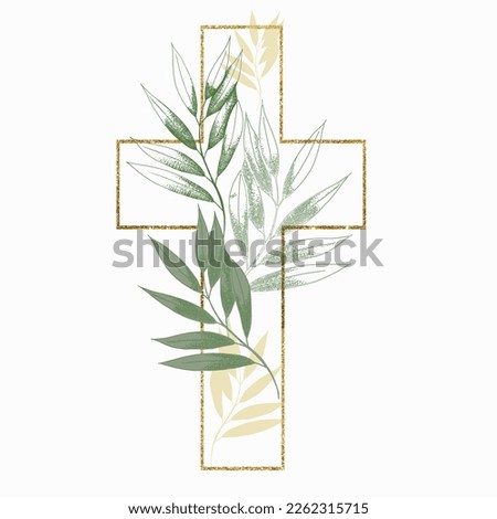 Graphic Easter Cross Clipart, Spring Floral Arrangements, Baptism Crosses DIY Invitation, Vector Eucaliptus Greenery wedding clipart, Golden frame and foliage, Holy Spirit, Religious