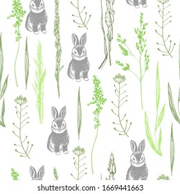 Graphic easter grass and rabbit pattern. Manual graphics. Vector illustration. Suitable for decorating various surfaces.