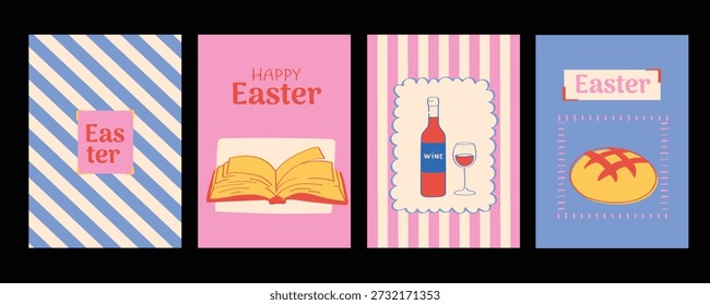 Graphic Easter Greeting Cards with Striped Backgrounds, Holy Book, Wine and Bread Icons