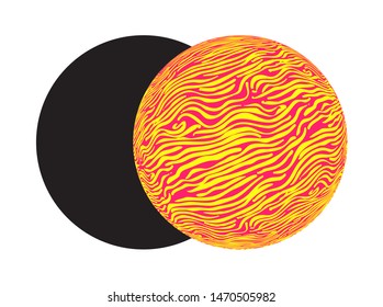 graphic eclipse of textured sphere in magma sun shades on white