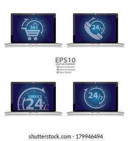 Graphic for E-Commerce Concept, Computer Laptop With 24/7 365 Days Shopping Sign, 24/7 Customer Support or Call Center Sign, 24H Service Sign and Open 24/7 Sign on Blue Screen Isolated on White 