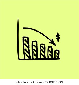 graphic of economic crisis down with arrow and chart. hand drawn vector. dollar crisis.