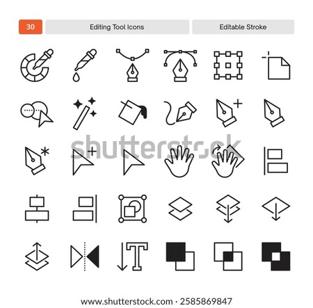 Graphic Editing Tool Icons. Including Pen Tool, Alignment, Layers, Color Picker. Vector Editable Live Stroke