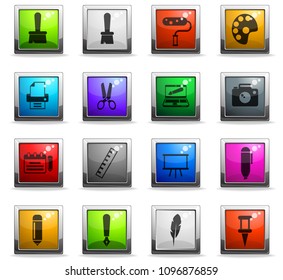 Graphic editor tools icons in square colored buttons