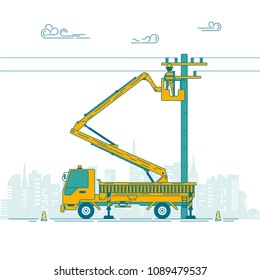 graphic of electric pole and electrician with basket crane truck on process of maintenance