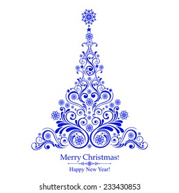 Graphic elegant Christmas tree isolated on White background. Vector illustration