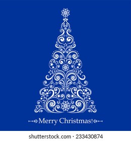 Graphic elegant Christmas tree isolated on Blue background. Vector illustration