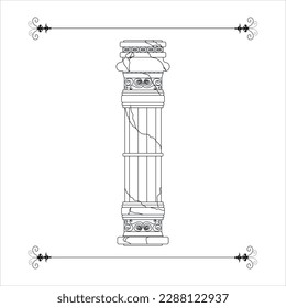 Graphic element - antique column with cracks, frame with pattern. Black line on white background.