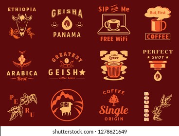 graphic element for coffee cafe with goat eat coffee fruit,lama ,coffee leaf,tree,laptop,cup,mountain landscape espresso drop and tamper vector illustration