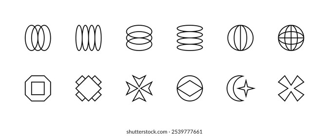 Graphic element collection. Brutalist geometric shapes, y2k elements, different abstract figure and more. Editable stroke. Pixel Perfect. Grid base 32px.