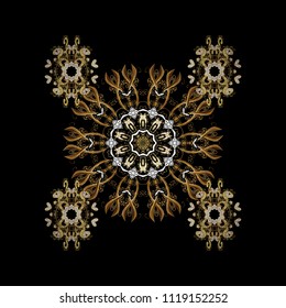 Graphic element decoration. Flat design. Symbol winter, frozen, Christmas, New Year holiday. Vector illustration. Black, brown and yellow silhouette snow flake sign. Snowflake mosaic icon.