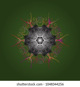 Graphic element decoration. Snowflake mosaic icon. Green, gray and magenta silhouette snow flake sign. Flat design. Symbol winter, frozen, Christmas, New Year holiday. Vector illustration.