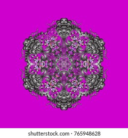 Graphic element decoration. Snowflake mosaic icon. Vector illustration. Magenta, gray and brown silhouette snow flake sign. Symbol winter, frozen, Christmas, New Year holiday. Flat design.