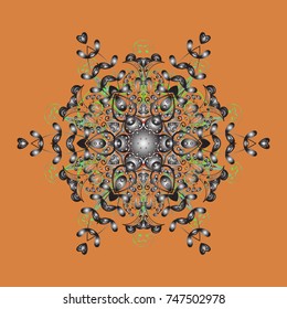 Graphic element decoration. Vector design. Flat design. Silhouette snow flake sign isolated orange, gray and green colors. Symbol winter, frozen, Christmas, New Year holiday. Snowflake mosaic icon.