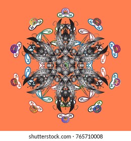 Graphic element decoration. Vector illustration. Snowflake mosaic icon. Flat design. Symbol winter, frozen, Christmas, New Year holiday. Orange, gray and white silhouette snow flake sign.