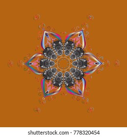 Graphic element decoration. Vector illustration. Flat design. Orange, gray and pink silhouette snow flake sign. Symbol winter, frozen, Christmas, New Year holiday. Snowflake mosaic icon.