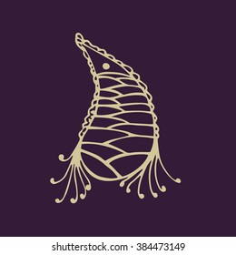 Graphic element of paisley with landscape of sun rising over hills inside. Vector Illustration