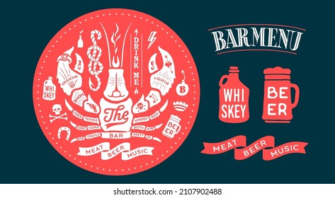 Graphic element for pub, bar. Circle coaster with drawing, ribbon, text Bar Menu, bottle and mug for Pub, Beer, Whiskey. Vintage drawing for bar, pub, beer and whiskey themes. Vector Illustration