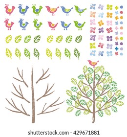Graphic elements, birds ,flowers and tree