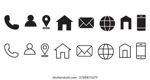 Graphic elements of business and communication information icon set. Flat, solid and thin line editable icon set for phone, email, address, location, website, fax and personal information symbols.