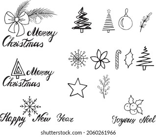 Graphic elements for Christmas and New Year, Christmas tree, Christmas tree branch, ball, branch, black and white.
