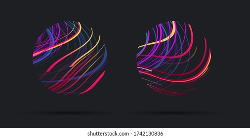 graphic elements, circles with bright lines in chaotic artistic movement, abstract textured spheres