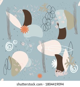 Graphic elements for creating a design. Modern and trendy abstract stripes, strokes, geometric shapes, floral decor elements.Seamless pattern