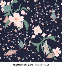 Graphic elements for creating a design. Modern and trendy abstract stripes, strokes, geometric shapes, floral decor elements. Seamless pattern