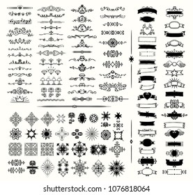 Graphic elements, dividers and monogram, frames, ribbons, hand drawn vector illustration