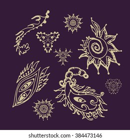 Graphic elements of fantasy floral design and sea shells Vector Illustration