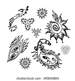 Graphic elements of fantasy floral design and sea shells Vector Illustration