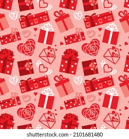 Elementos gráficos de flores, corazones y regalos. Día de San Valentín. Patrón sin soldadura para tela, envoltura, textil, papel pintado, prendas de vestir. Vector.