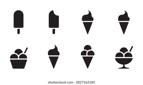 Graphic elements of frozen sweets including stick bars and waffle cones with soft serve cream and round scoops.