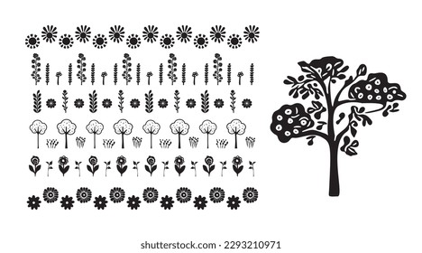 Graphic elements of garden sprigs illustration in vector. Hand drawn simple quirky floral design. 
