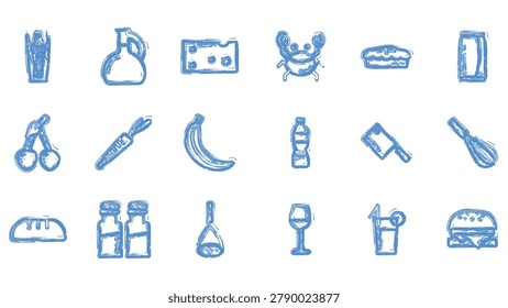 Graphic elements of grocery items and cooking implements.