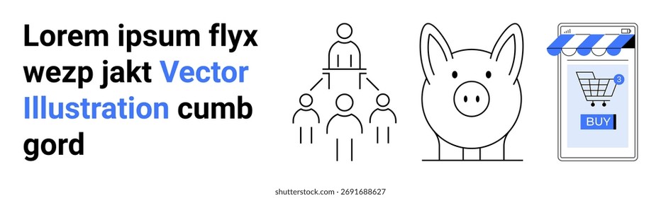 Graphic elements include text, hierarchy icon, piggy bank, and mobile storefront. Ideal for e-commerce, savings, finance apps, shopping, online marketing, user flow, community building. Landing page