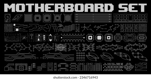 Graphic elements motherboard. Computer system, including a processor, a memory chip, internal connections. Vector graphics set