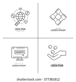 Graphic elements for nonprofit organizations and donation centres. Fundraising symbols made in vector. Crowdfunding project label. Vector line style pictograms.