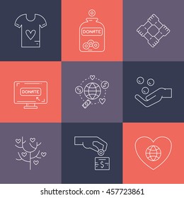 Graphic elements for nonprofit organizations and donation centres. Fundraising symbols made in vector. Crowdfunding project label. Vector line style pictograms.