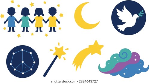 Graphic elements of people holding hands around moon dove and peace constellation. Modern vector illustration set depicting human connection social harmony and peaceful coexistence for collaborative project designs.