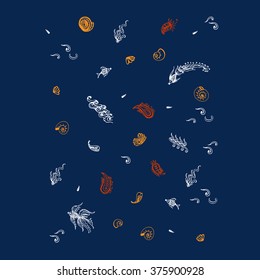 Graphic elements of sealife hand drawn in ink Vector Illustration 