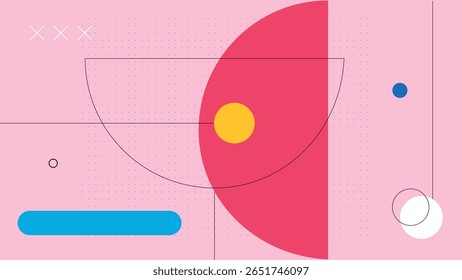 Elementos gráficos com semicírculos, linhas e pontos em um layout rosa suave. Excelente para narrativa visual, marketing ou design editorial moderno.